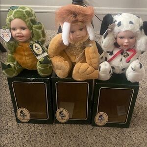 Vintage Geppeddo Cuddle Kids Porcelain Plush Collectible Dolls DinosaurWalrusDog